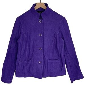 Talbots Boiled Wool Utility Jacket Medium Purple Stand Collar Button Up Stretch